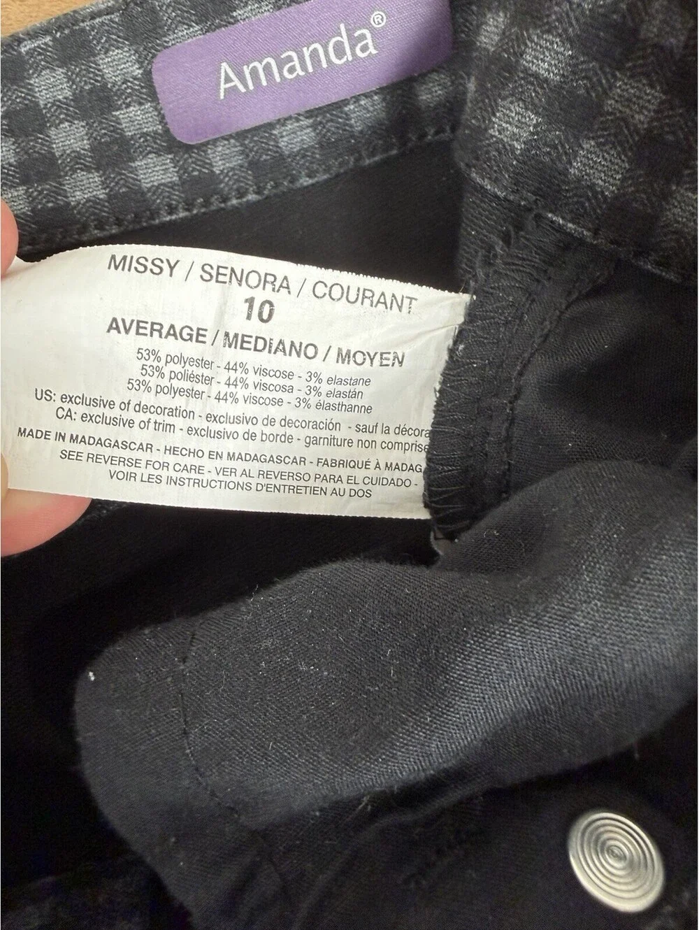 Plaid Gingham Check Gloria Vanderbilt Amanda Jeans / Pants Size 10 Black & Gray